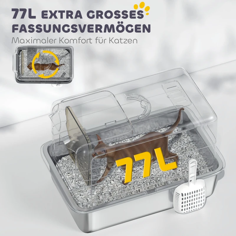 PawHut Kuweta, Wanny ze stali nierdzewnej, filtr, łopatka, dla kotów do 6 kg, 40,5 x 60,5 x 41,5 cm, Szary/Srebrny