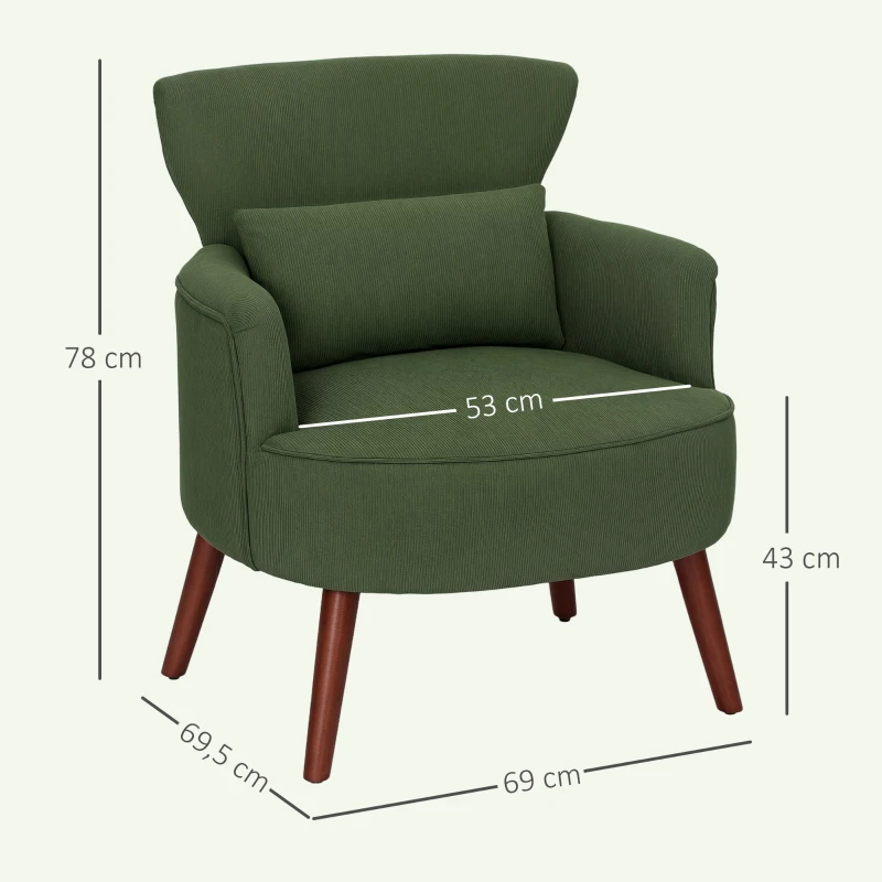 HOMCOM Modern Armchair, Upholstered Accent Chair with Thick Padded Seat, Lumbar Pillow, Rubber Wood Legs, Cuddle Chair for Living Room Bedroom Office, Green