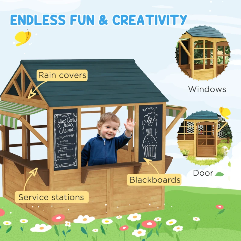 AIYAPLAY Wooden Playhouse for Kids Outdoor, Foldable Wendy House with Windows, Working Door, Service Stations, Rain Capes, Kids Garden Toys for 3-8 Years