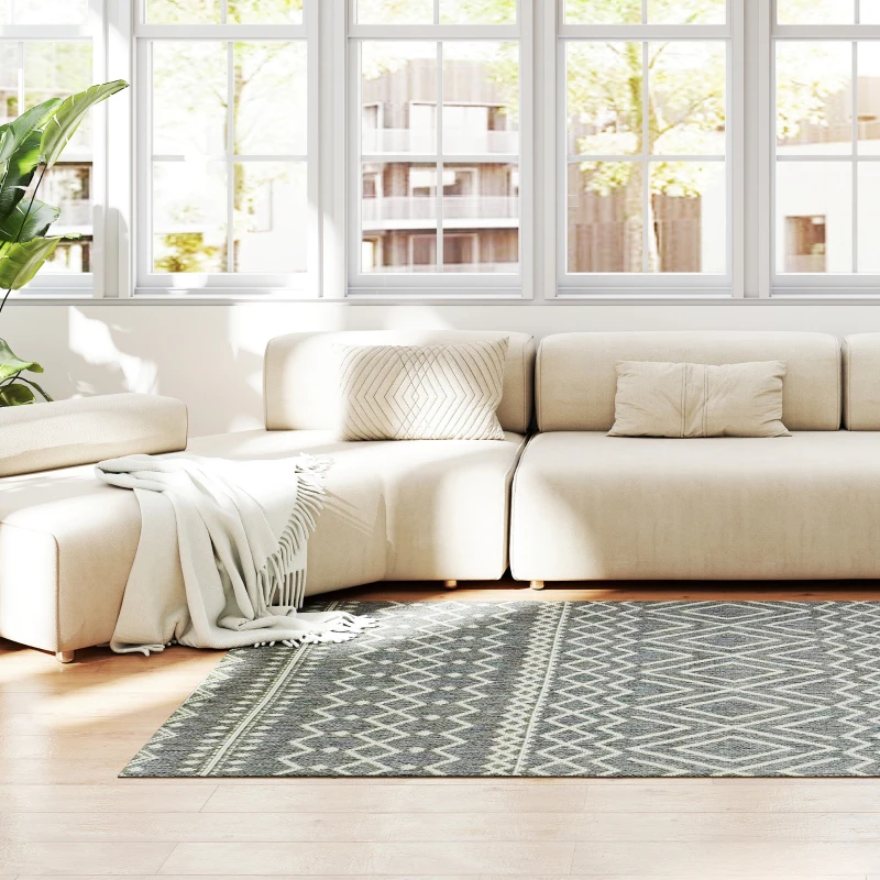 Dywan HOMCOM Płaskotkany Pralny Antypoślizgowy z Boho-Designem do Tarasu Balkonu Salonu i Kuchni, 170 x 120 cm, Szary