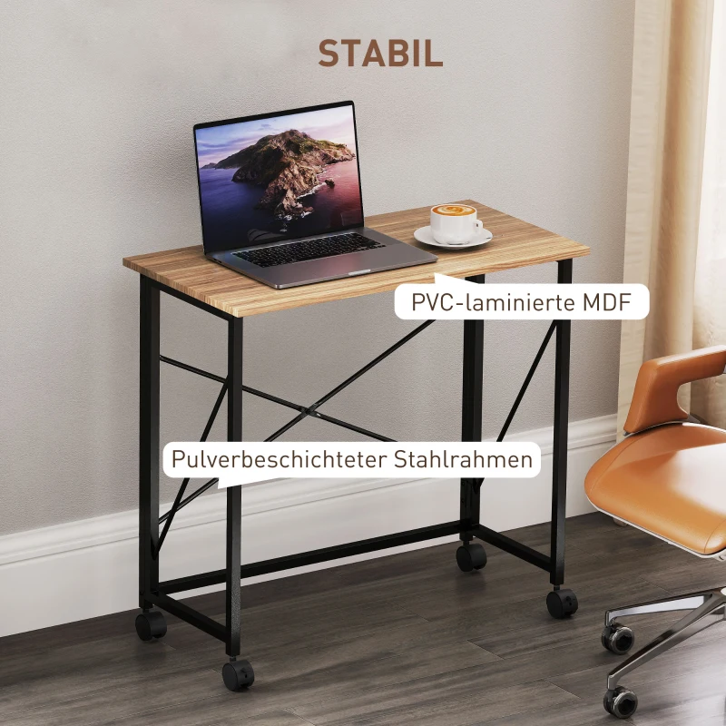 HOMCOM Small Folding Desk, 80 cm Foldable Computer Desk on Wheels for Small Space, Easy Assembly, Space Saving Writing Table for Home Office, Bedroom, Natural Tone