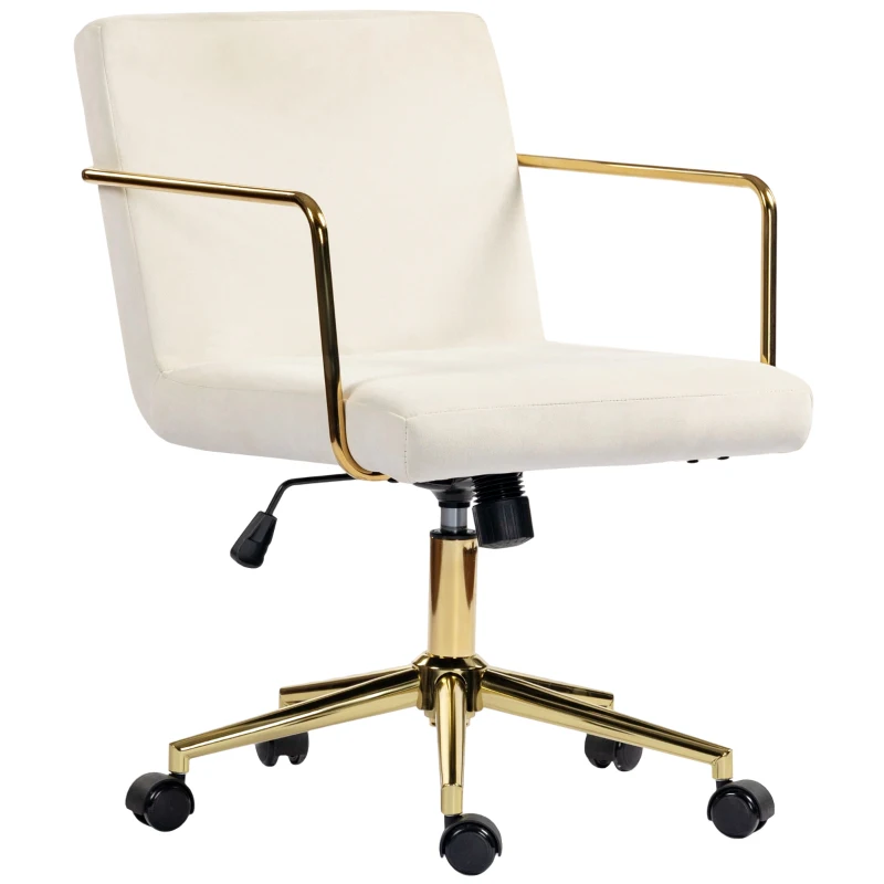 HOMCOM Office Chair with Gold Accents, Modern Computer Desk Chair with Spring Padding, High-Density Foam, Tilting Function, Swivel Wheels for Home, Cream White