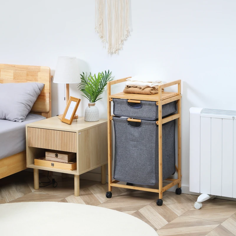 HOMCOM Kosz na bieliznę z 2 torbami z tkaniny, kolekcjonowaniem prania z kółkami, kosz na pranie z bambusa Drewno naturalne + Szary 42 x 35 x 84,5 cm