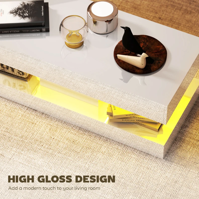HOMCOM Coffee Table with Storage and 12 Colours LED Lights, Modern High-Gloss Rectangle Living Room Table with 2 Drawers & Open Shelf, 120 x 50 x 42 cm, White