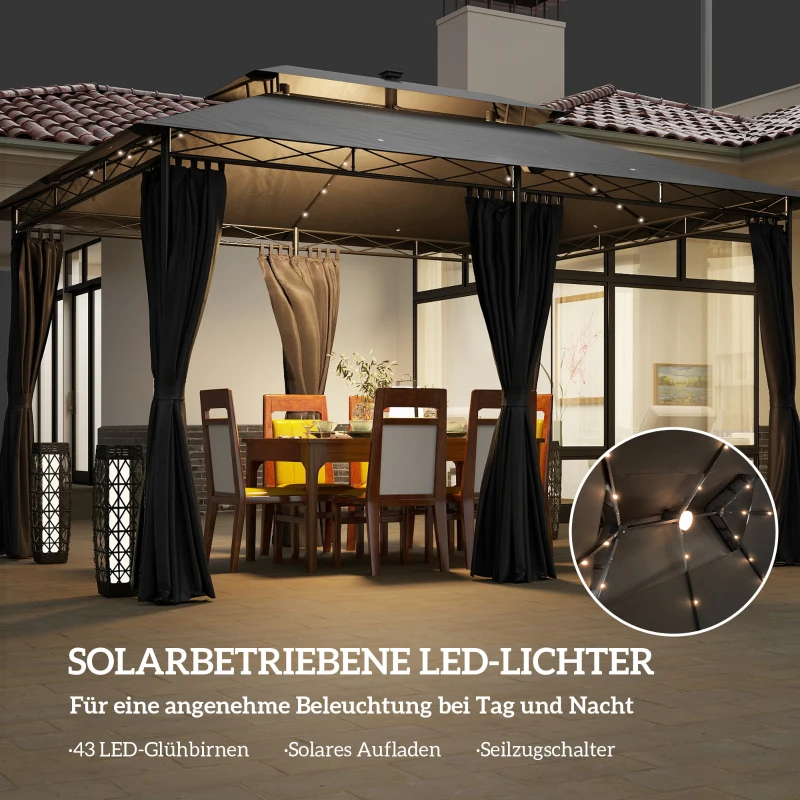 Outsunny Pawilon z podwójnym dachem, LED na energię słoneczną, 4x3 m, odporny na warunki atmosferyczne, stabilny, zimowy pawilon ogrodowy z bocznymi panelami, metalowy pawilon ogrodowy, do ogrodu, tarasu, w kolorze ciemnoszarym