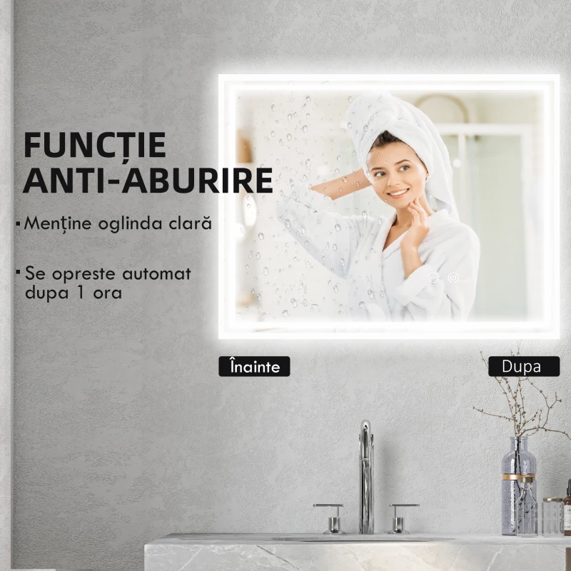 kleankin Oglinda de Baie cu Lumini LED, 90x70cm