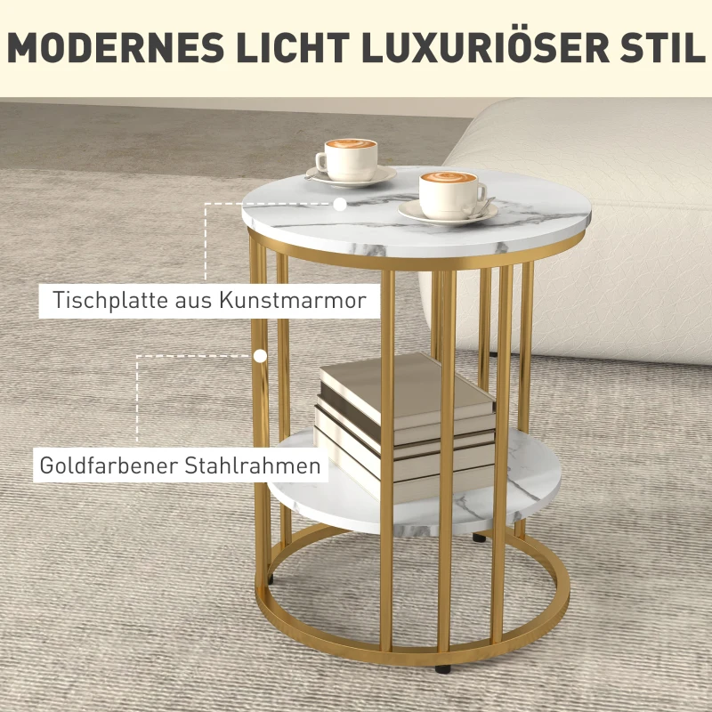 Stolik kawowy okrągły 2 szt. z półką, stal, marmurowy wygląd