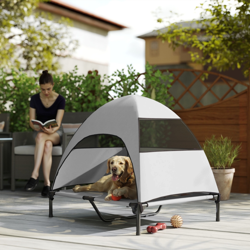 PawHut Elevated Dog Bed with Removable Canopy, Pet Bed with Storage Bag for Indoor Outdoor, for Medium Large Dogs, 91 x 76 x 90 cm, Light Grey