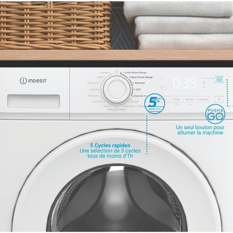 Lave-linge hublot INDESIT IMA762MYTIMEFR - 7 kg - Induction - 1200 trs/min - Push&Go - Classe A - Blanc