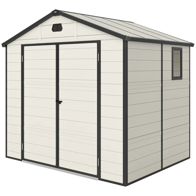 Outsunny 7.9ft x 6.2ft Recycled Garden Shed with Aluminium Frame and Plastic,  Wall Shed with Foundation, Waterproof and Rustproof - Cream White