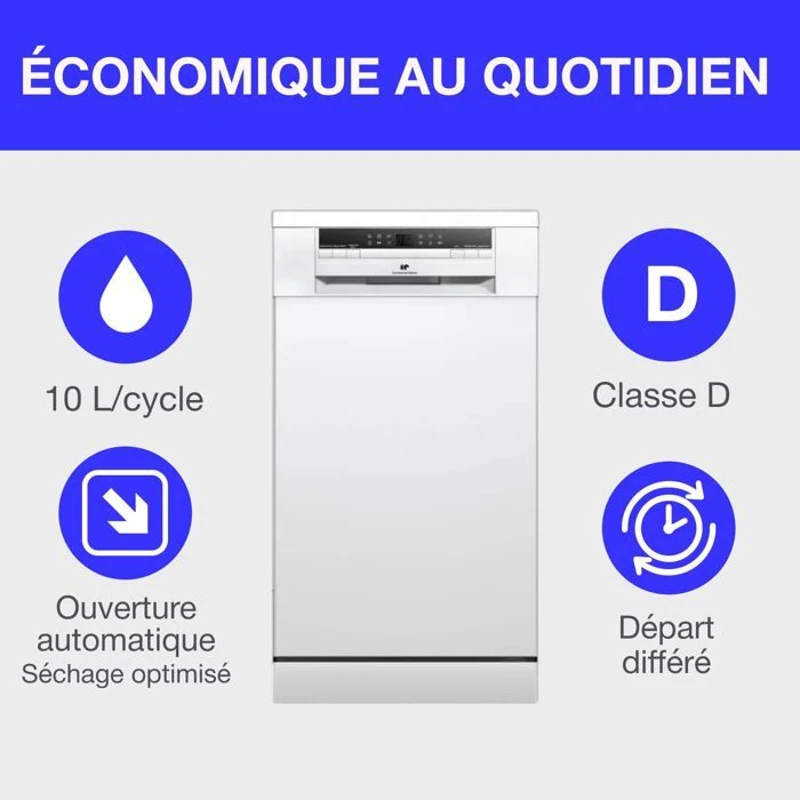 Lave-vaisselle pose libre - CONTINENTAL EDISON - CELV1145W - 11 couverts - 45 cm - 45 dB - Blanc