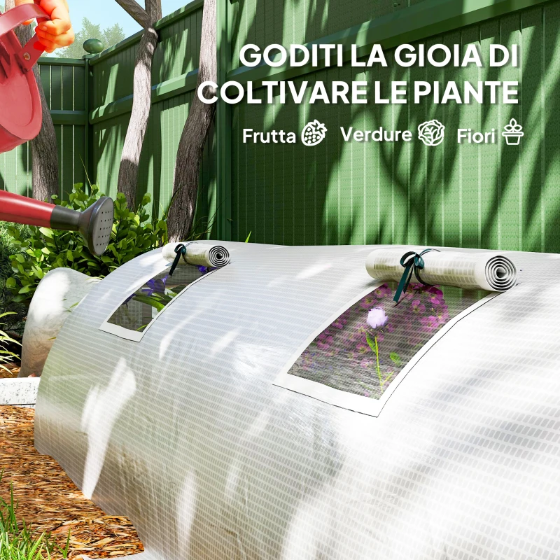 Outsunny Mini Serra da Giardino a 4 Porte Arrotolabili con Copertura Allungata, in Acciaio e PE, 360x90x90 cm, Verde