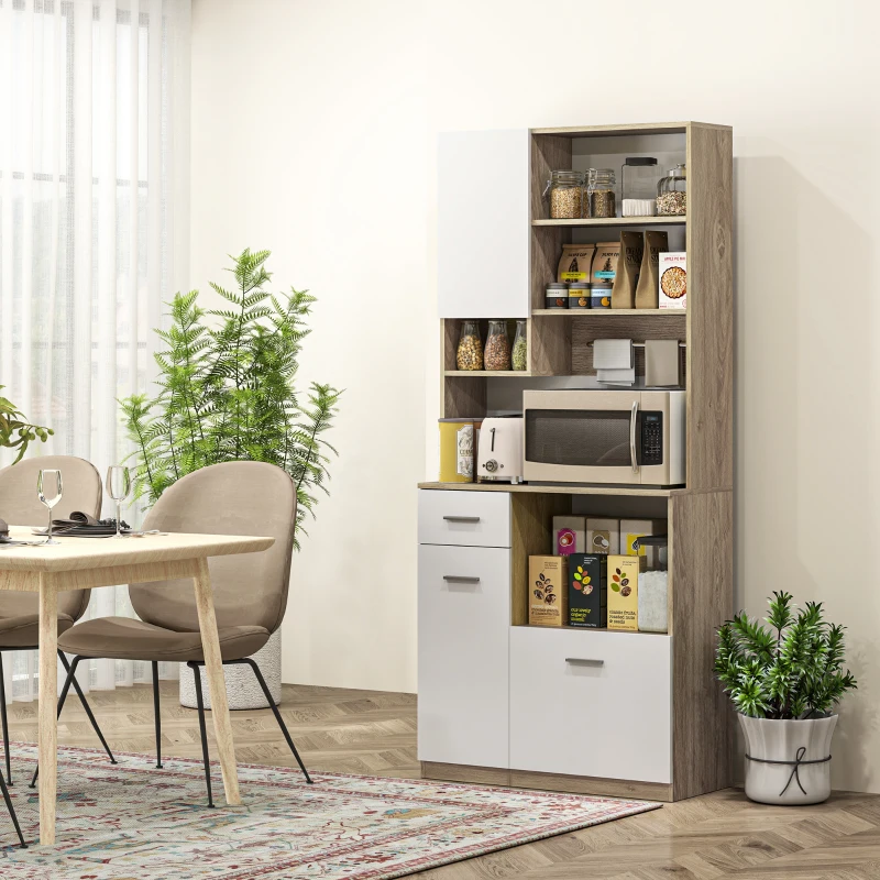HOMCOM Armoire de cuisine haute, meuble de rangement moderne avec étagères réglables, tiroir, blanc et aspect bois(m-10)
