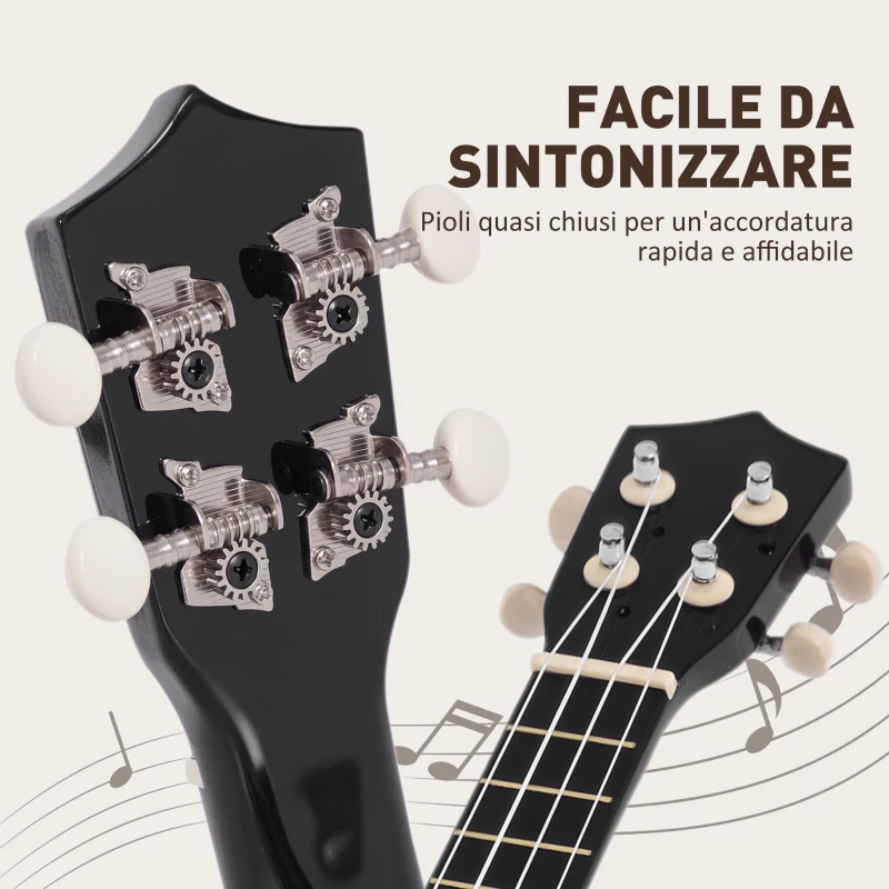 HOMCOM Ukulele per Principianti da 21 Pollici in Legno con Corde in Nylon, Plettro e Corda di Ricambio, Nero