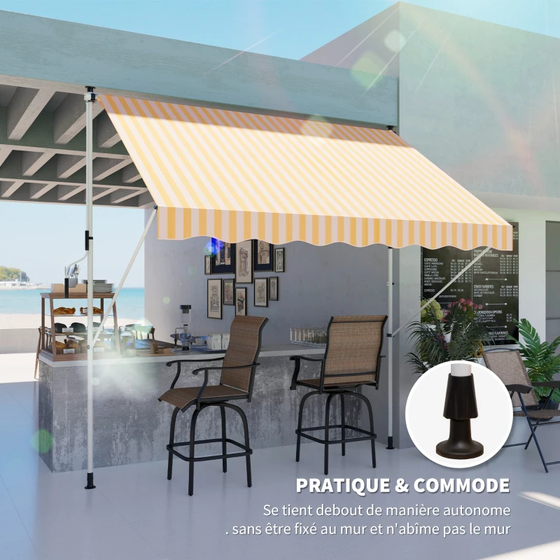 Outsunny Store banne Manuel rétractable 3L x 1,5l m Auvent Téléscopique sans Perçage Inclinaison et Hauteur réglable Installation Rapide métal alu Polyester Anti-UV orange blanc rayé
