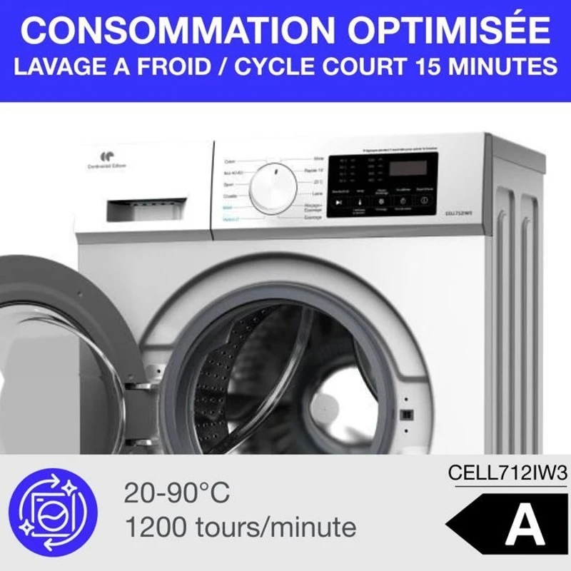 Lave-linge hublot - CONTINENTAL EDISON - CELL712IW3 - 7 kg - Induction - 60 cm - 1200 trs/min - Blanc