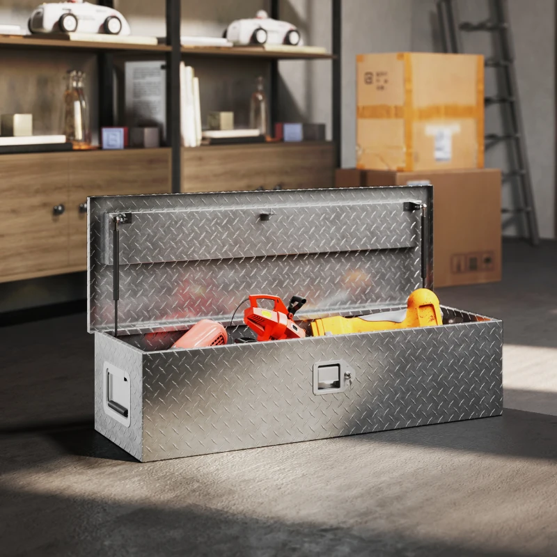 HOMCOM Boîte à outils pour remorque boîte de rangement en aluminium poignées larges et antidérapantes 99 x 33 x 25,5 cm argent
