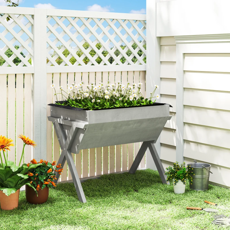Outsunny Wooden Raised Garden Bed with Bed Liner, Elevated Planter Box with Legs, Light Grey