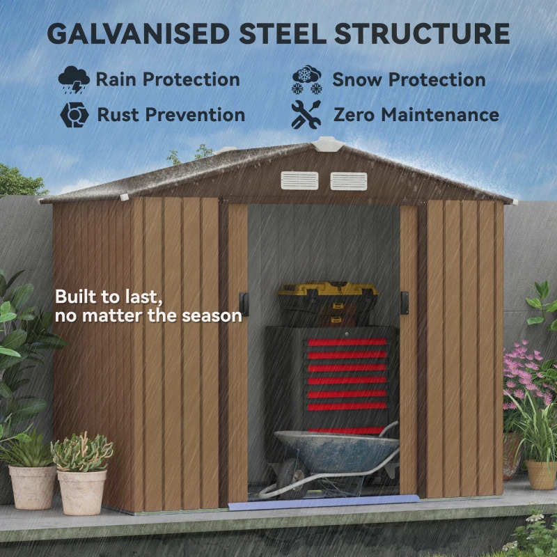 Outsunny 7 x 4ft Lockable Metal Garden Tool Storage Shed, Outdoor Storage Shed with Foundation and vents, Light Brown