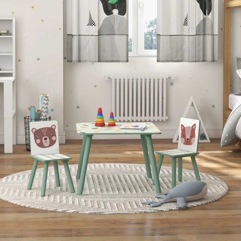 ZONEKIZ Table et 2 chaises pour enfants 3-8 ans ensemble 3 pièces motif animaux pour chambre à coucher salle de jeux vert