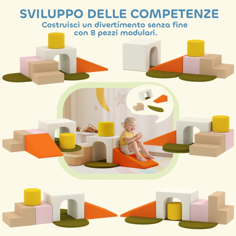 AIYAPLAY Set 8 Costruzioni Morbide per Bambini 0-3 Anni da Interni, in Velluto e Schiuma PU Arancione