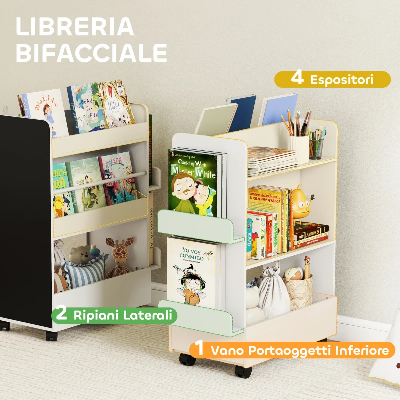 AIYAPLAY Libreria per Bambini 3-8 Anni a Due Lati, Scaffale Portagiochi con Ruote e Lavagna Nera, Bianco