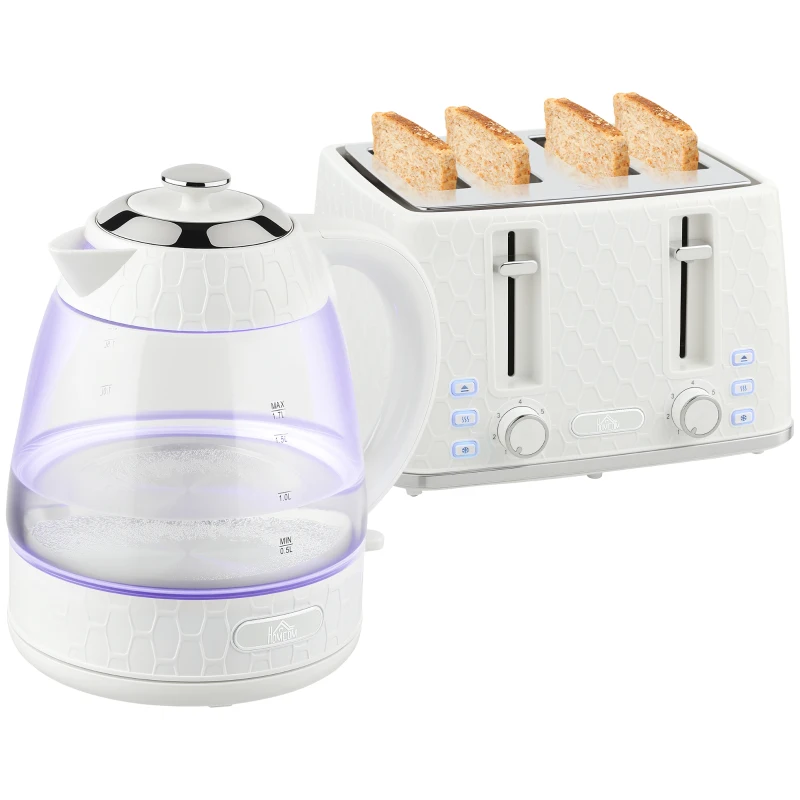 HOMCOM Kettle and Toaster Set, 1.7L 3000W Rapid Kettle with Strix Thermostat, 4 Slice Toaster with 7 Browning Controls, Cream