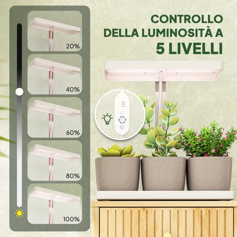 Outsunny Lampade per Pianta da 42 Luci LED con 3 Vasi, Timer e Illuminazione Regolabile, 45x18.8x47.8 cm, Bianco