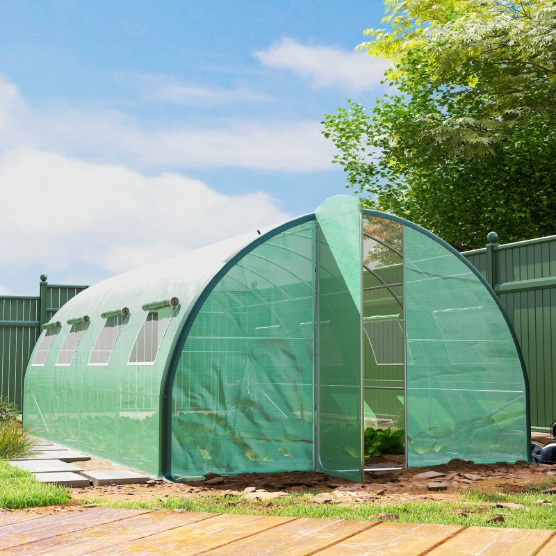 Outsunny Serre de jardin tunnel serres tunnel 18 m² 8 fenêtres 2 portes articulées toile PE structure en fer galvanisé vert