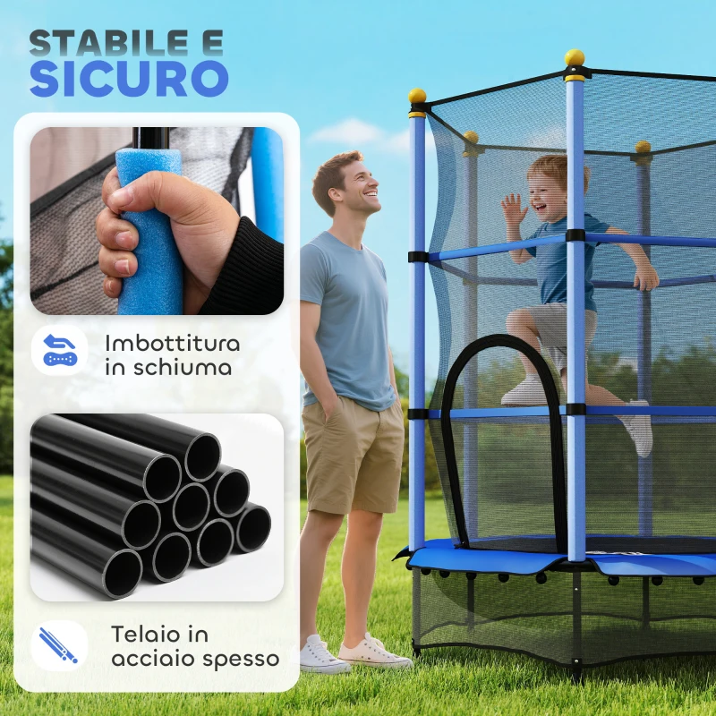 HOMCOM Tappeto Elastico per Bambini con Rete di Sicurezza e Pali Imbottiti Età 3-10 Anni, Ø140 x 190 cm, Blu