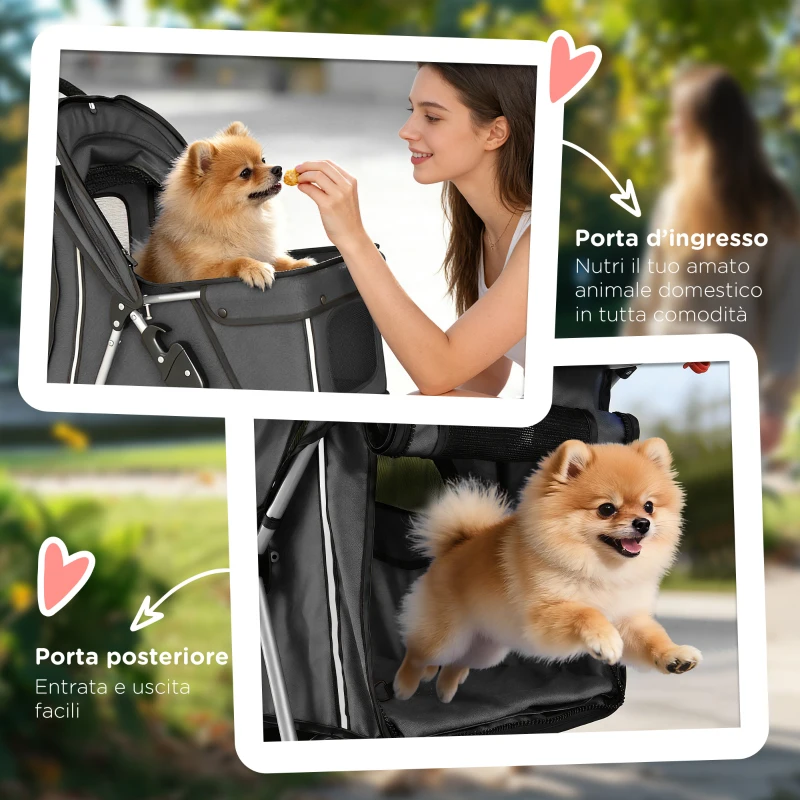 PawHut Passeggino per Cani Pieghevole con Portabicchieri e Cestino, 77x44x102 cm, Grigio Carbone