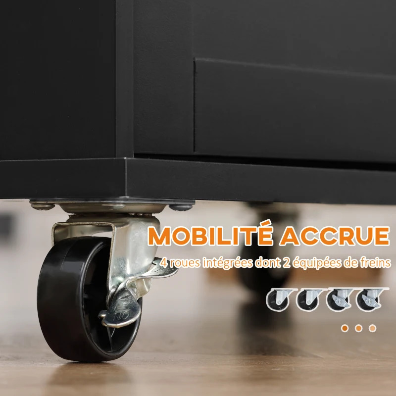 HOMCOM Desserte de cuisine ilôt cuisine avec plan de travail étagère range-bouteilles porte-torchons 2 tiroirs placard 2 portes MDF noir hévéa