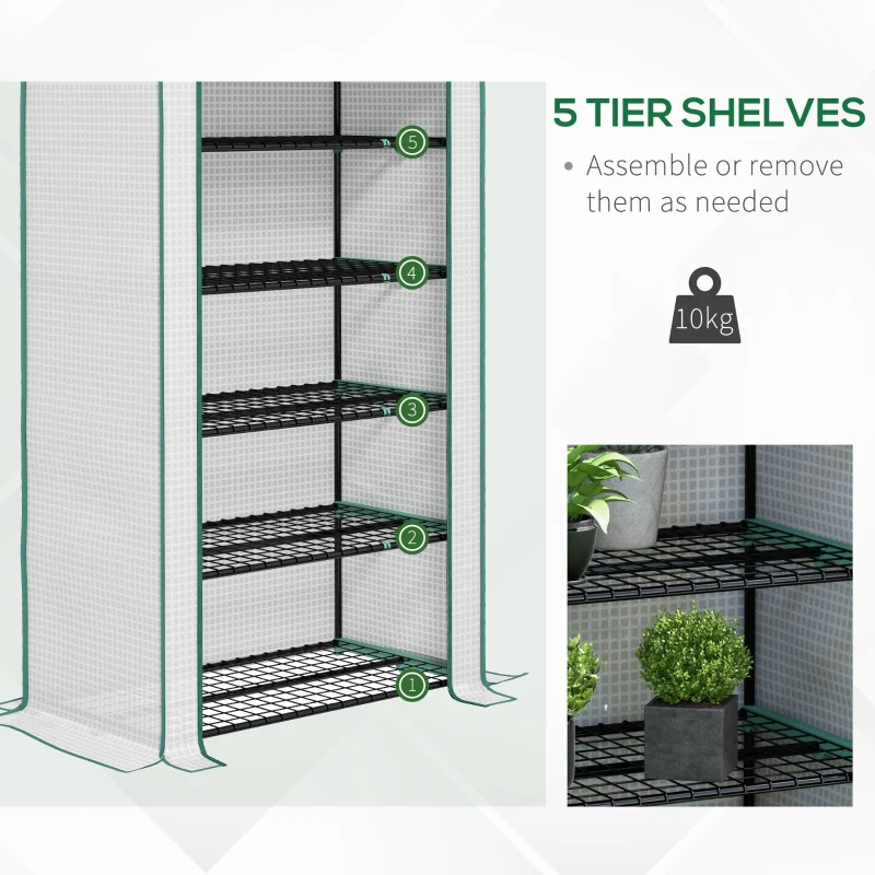 Outsunny 5 Tier Widened Mini Greenhouse with Reinforced PE Cover, Portable Indoor Outdoor Green House with Roll-up Door and Wire Shelves, 90 x 49 x 193cm, White