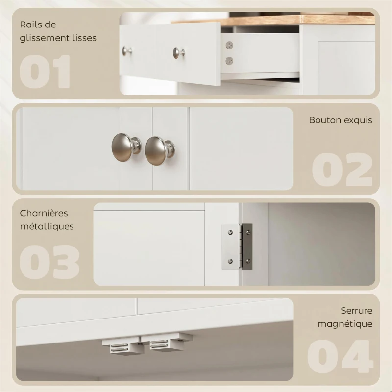 HOMCOM Meuble de rangement buffet salon avec placards à portes, 2 tiroirs et étagère réglable, armoire de rangement pour salon, cuisine, chambre, blanc et bois naturel