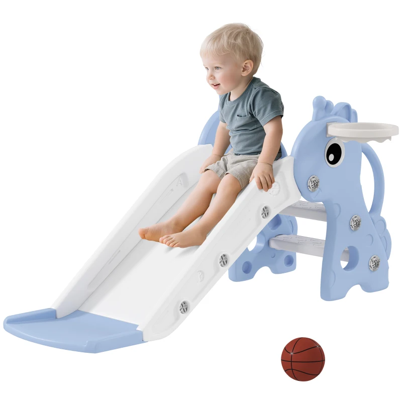 AIYAPLAY Tobogán Infantil 3 en 1 para Niños 1-3 Años con Escalera Canasta de Baloncesto y Diseño de Jirafa 106x51,5x52 cm Azul