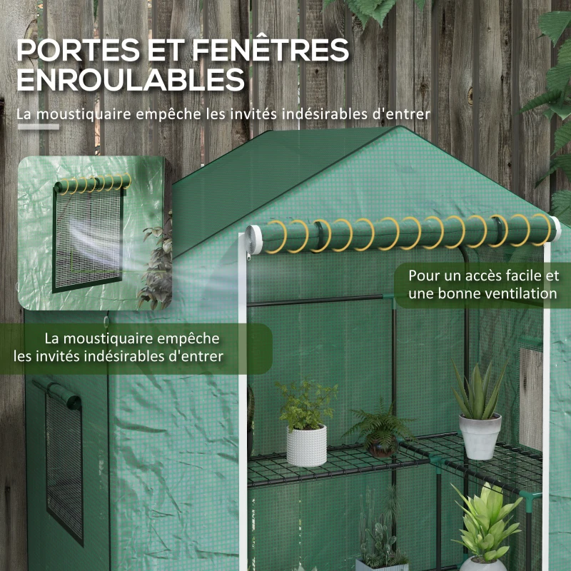 Outsunny Serre de jardin avec 1 porte, 2 fenetres et 2 étagères en forme de U pour Légumes Plantes Fleurs Bâche PE 140x73x190 cm