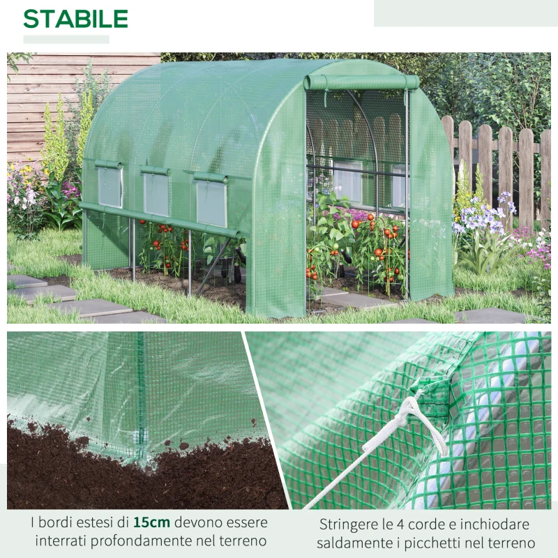 Outsunny Serra per Orto 3x2x2m in Acciaio e Copertura PE, Porte con Zip e Finestre a Rete, Verde
