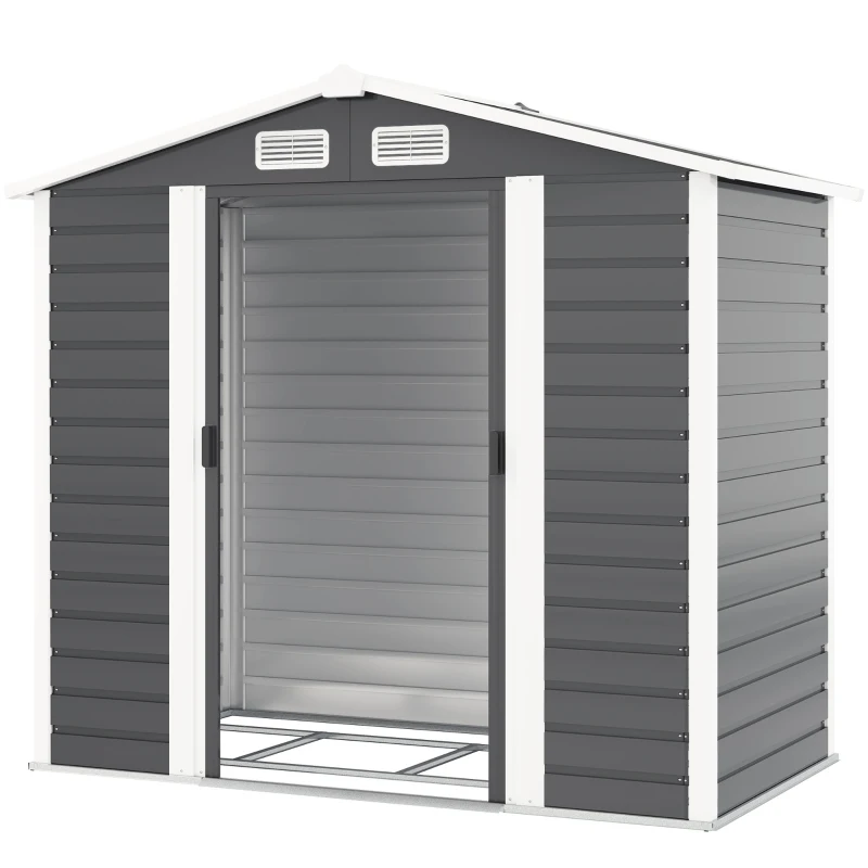 Outsunny 7 x 4ft Garden Shed, Easy to Assemble, Upgraded Galvanised Steel Frame with Foundation Kit, Double Doors with Lock, Outdoor Metal Shed with Vents and Gloves, Garden Storage Shed, Dark Grey