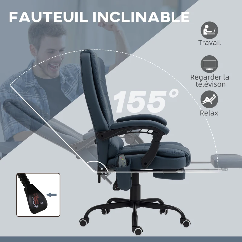 Vinsetto Fauteuil de bureau massant, chaise de bureau avec hauteur réglable, dossier inclinable et télécommande filaire, bleu