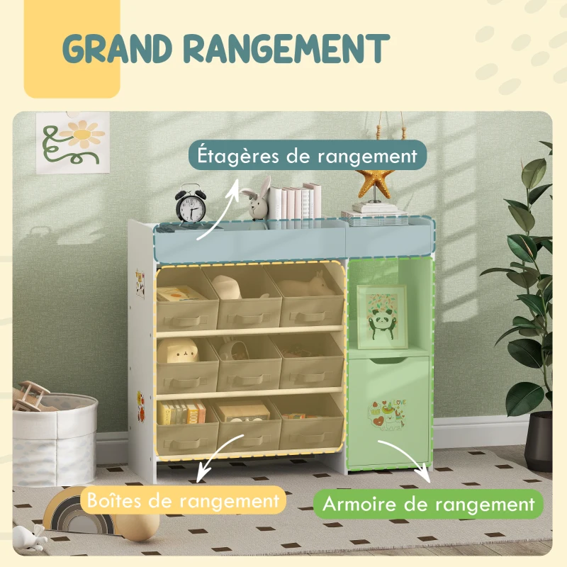 AIYAPLAY Meuble rangement enfant étagère de rangement pour jouets enfants avec 9 tiroirs en tissu et placard, blanc