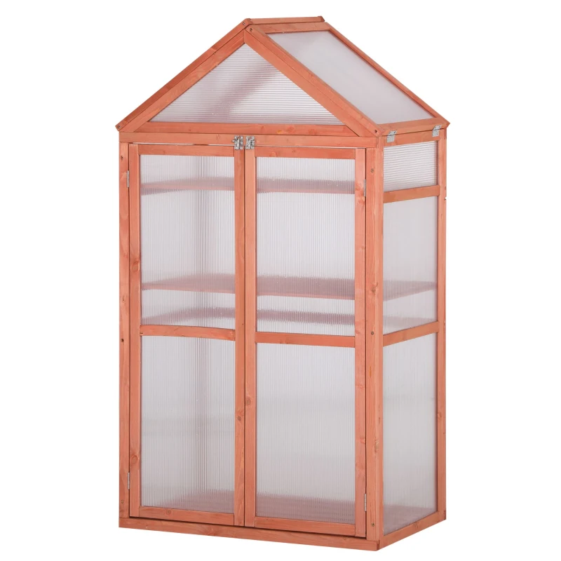 Outsunny Garden Cold Frame Polycarbonate Greenhouse with Adjustable Shelves, Double Doors, Openable Top Covers, Grow House for Flower Vegetable Plants, 80 x 47 x 138cm, Orange