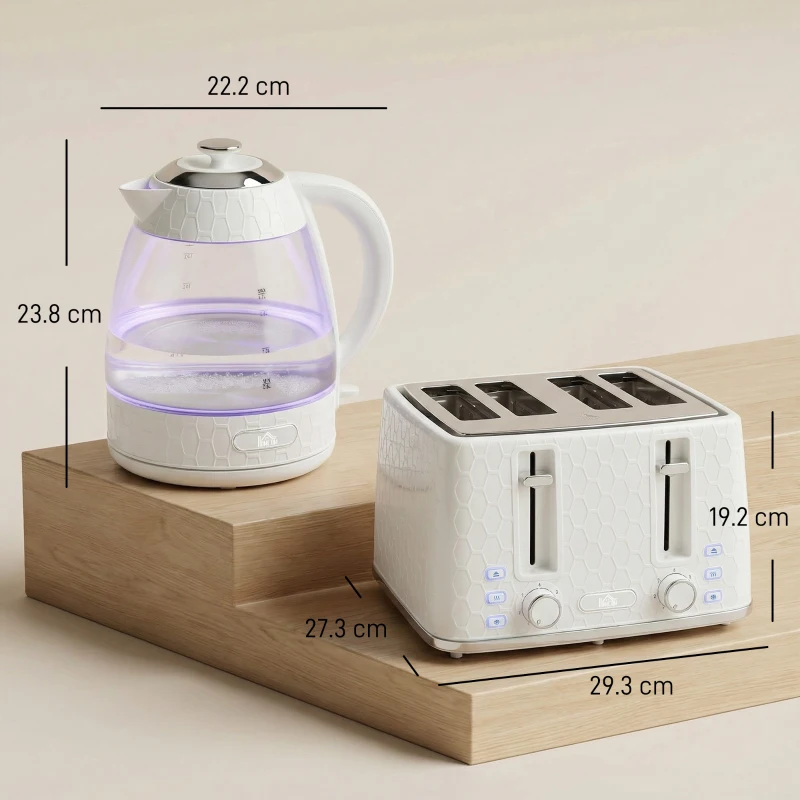 HOMCOM Kettle and Toaster Set, 1.7L 3000W Rapid Kettle with Strix Thermostat, 4 Slice Toaster with 7 Browning Controls, Cream
