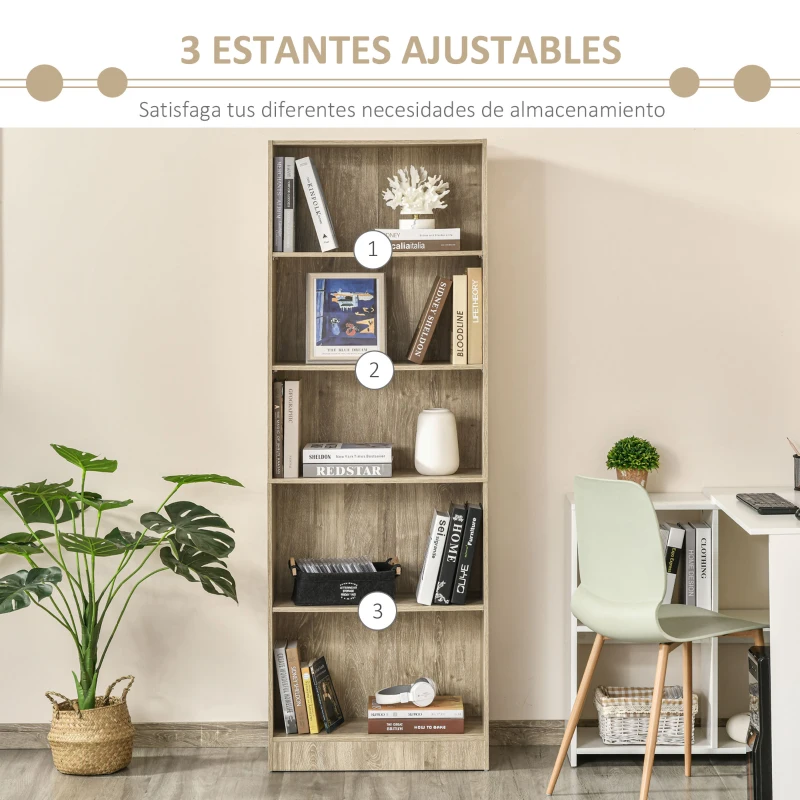HOMCOM Librería Estantería de 5 Niveles para Libros con 3 Baldas Ajustables Antivuelco Almacenaje para Salón Oficina Estudio 63x29,5x176 cm Madera Natural