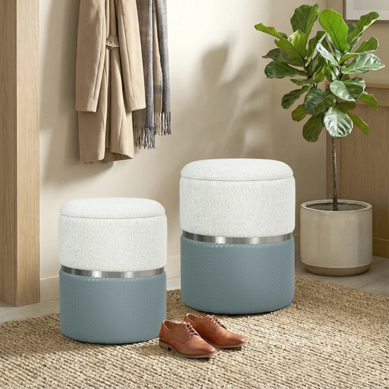 HOMCOM Nesting Round Ottoman with Storage Set of 2 - Cream/Grey