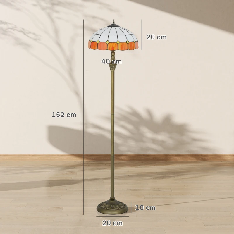 HOMCOM Tiffany-Style Floor Lamp with Handcrafted Stained Glass Shade, 152cm Tall Vintage Standing Lamp with Foot Switch and Dual Sockets for Living Room Bedroom, Bronze Tone and Orange