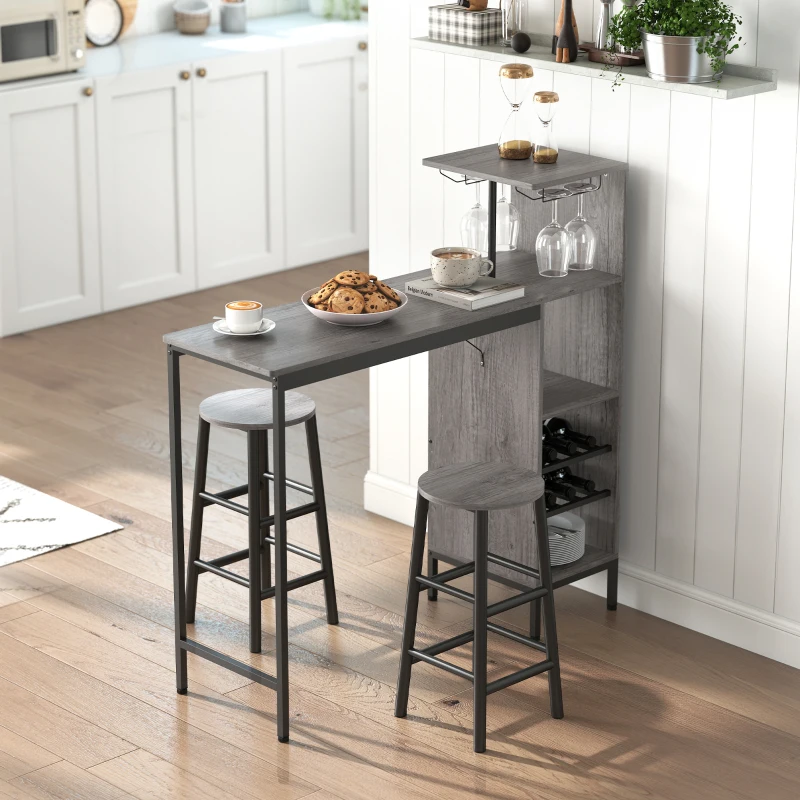 HOMCOM Ensemble table de bar avec tabourets, table à manger debout avec 2 chaises de bar étagères, casiers à vin, bois naturel