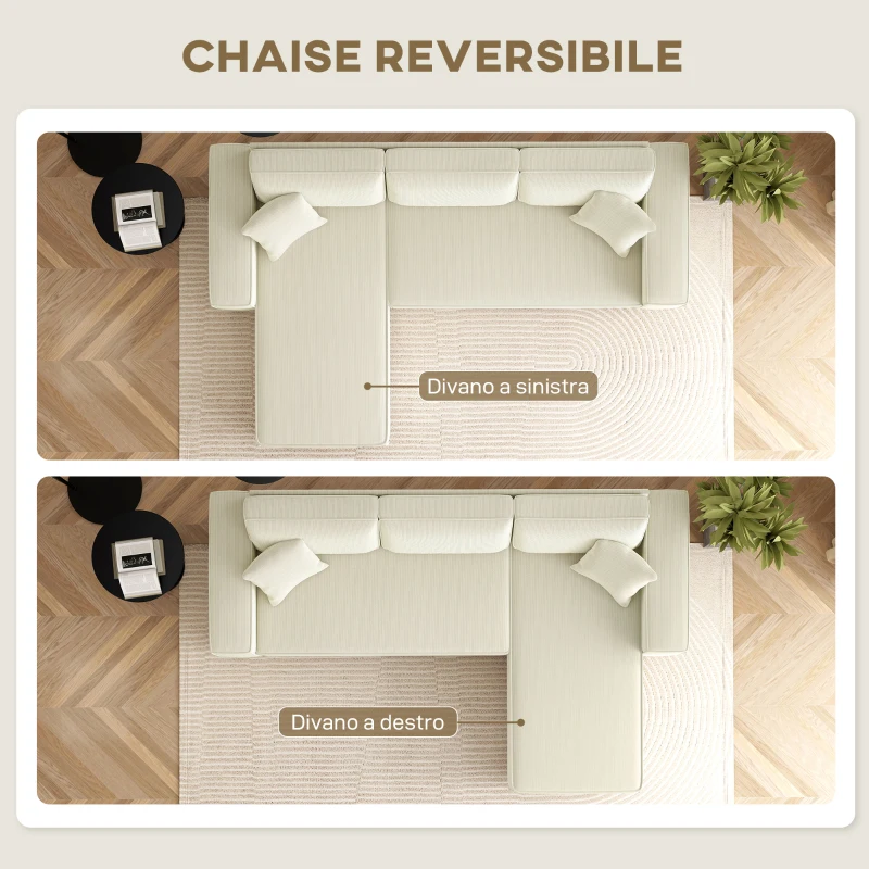 HOMCOM Divano con Penisola a 3 Posti in Tessuto Effetto Velluto, Schiuma e Nylon, 241x153x83 cm, Bianco Crema