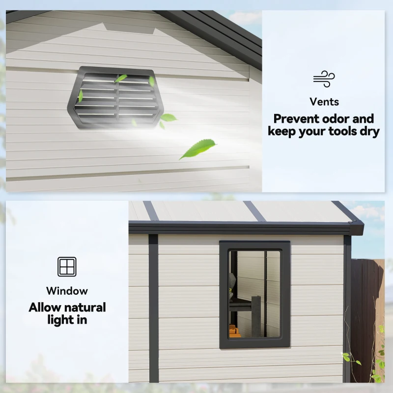Outsunny 7.9ft x 6.2ft Recycled Garden Shed with Aluminium Frame and Plastic,  Wall Shed with Foundation, Waterproof and Rustproof - Cream White