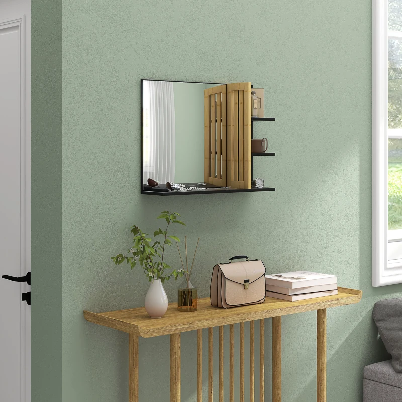 HOMCOM Miroir mural de salle de bain avec étagères de rangement - 3 étagères latérales + 1 étagère inférieure - bois de bambou