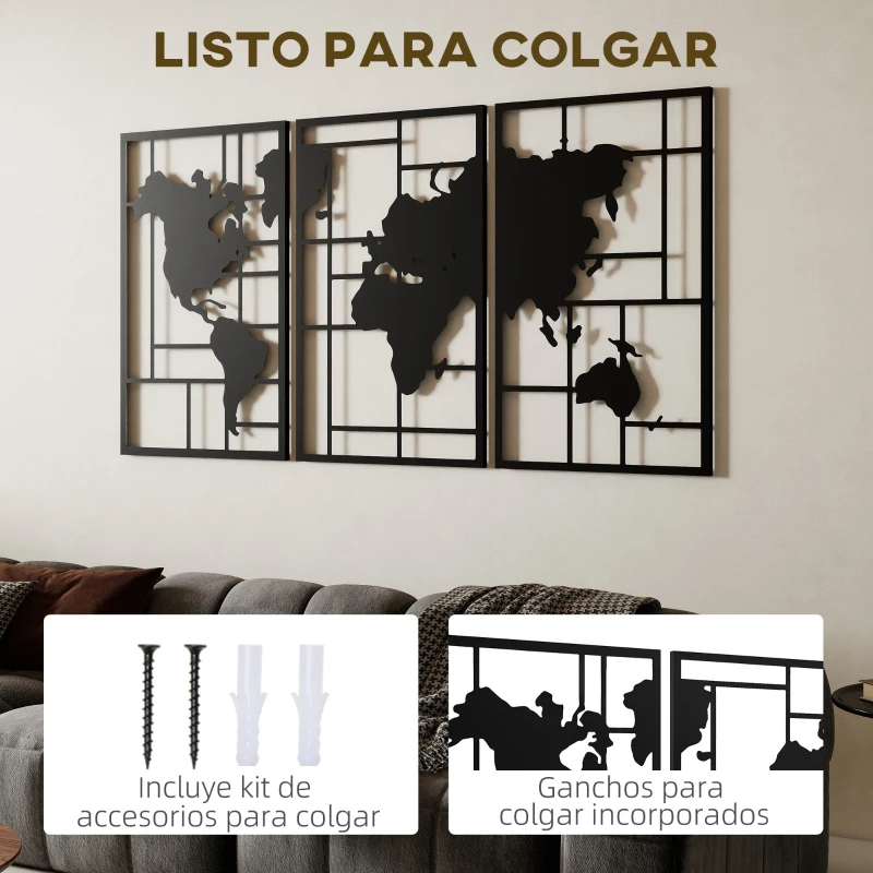 HOMCOM Decoración de Metal para Pared de Mapa Mundial de 3 Piezas para Salón Dormitorio Pasillo Negro